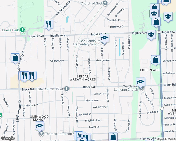 map of restaurants, bars, coffee shops, grocery stores, and more near 909 Brentwood Drive in Joliet