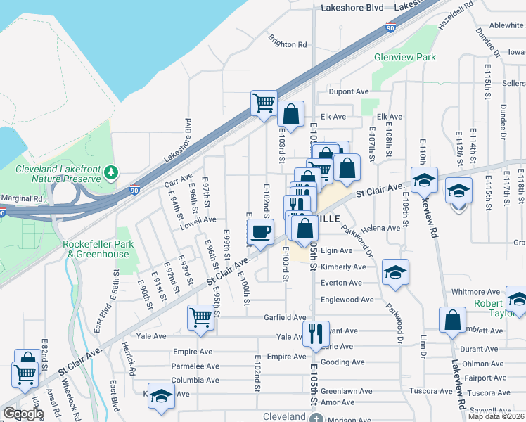 map of restaurants, bars, coffee shops, grocery stores, and more near 664 East 102nd Street in Cleveland