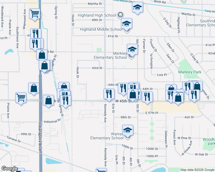 map of restaurants, bars, coffee shops, grocery stores, and more near 9550 Erie Street in Highland