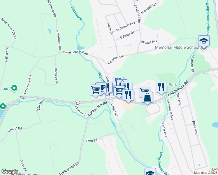 map of restaurants, bars, coffee shops, grocery stores, and more near 53 Glenwood Ave in Middlebury