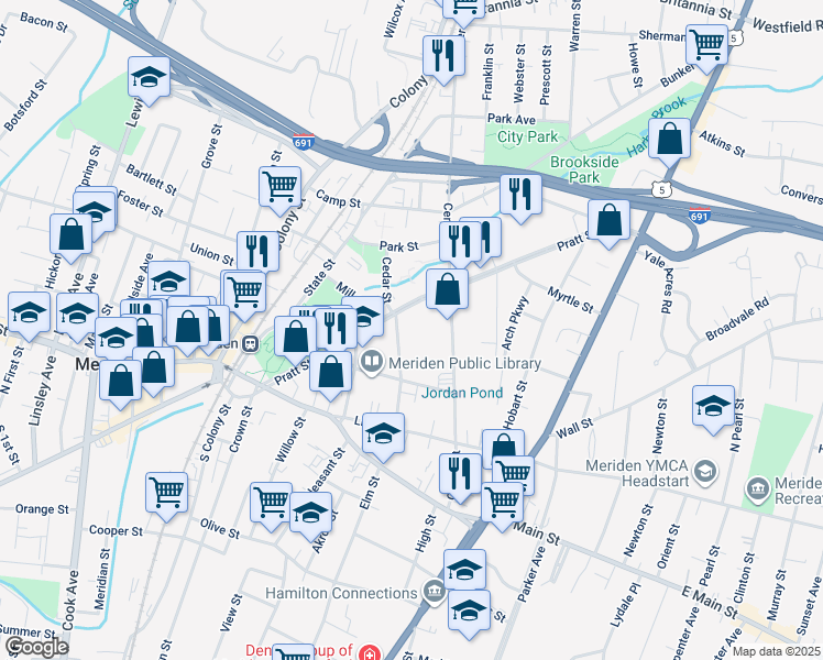 map of restaurants, bars, coffee shops, grocery stores, and more near 169 Pratt Street in Meriden