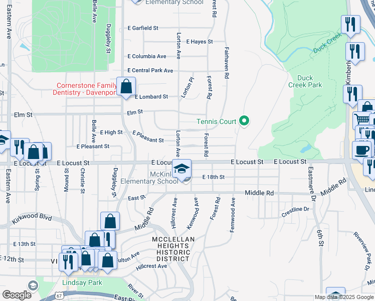 map of restaurants, bars, coffee shops, grocery stores, and more near 2740 East Pleasant Street in Davenport
