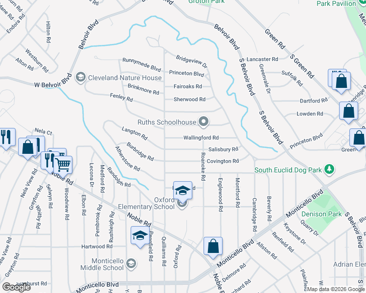 map of restaurants, bars, coffee shops, grocery stores, and more near 3771 Salisbury Road in South Euclid
