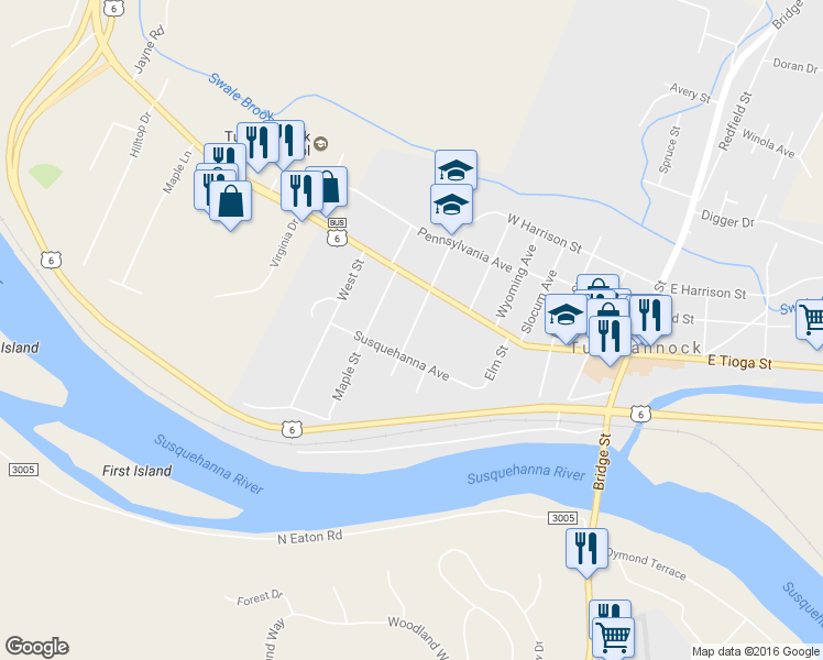 map of restaurants, bars, coffee shops, grocery stores, and more near 63 Franklin Avenue in Tunkhannock