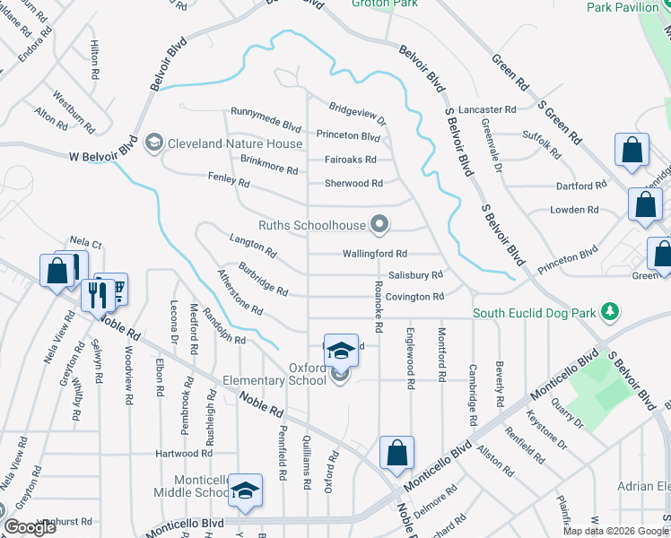 map of restaurants, bars, coffee shops, grocery stores, and more near 3782 Wallingford Road in South Euclid