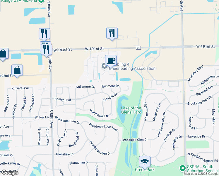 map of restaurants, bars, coffee shops, grocery stores, and more near 8419 Dunmore Drive in Tinley Park