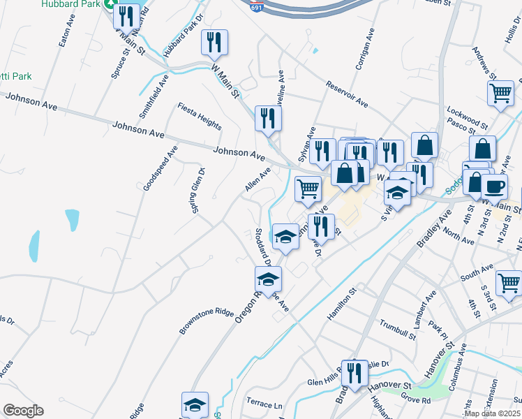 map of restaurants, bars, coffee shops, grocery stores, and more near 125 Stoddard Drive in Meriden