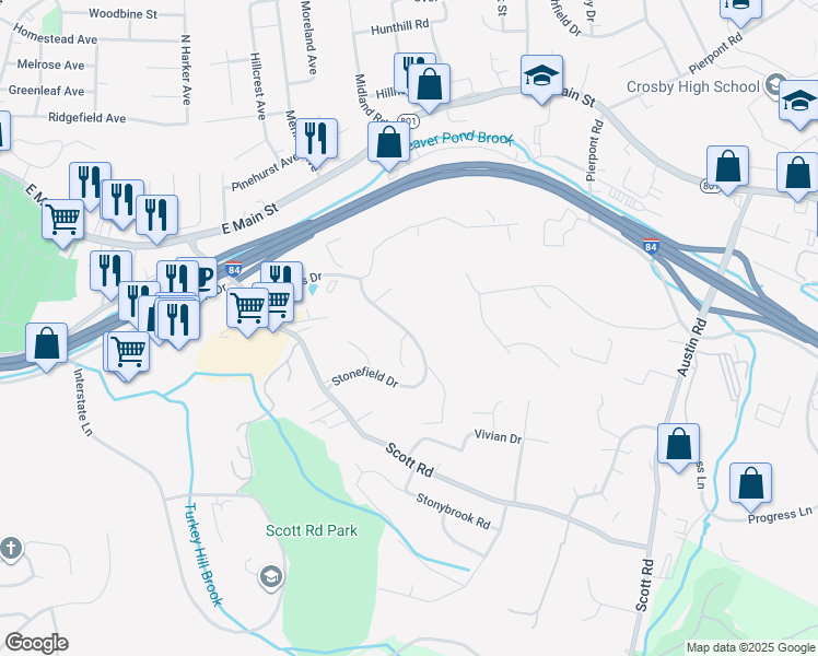 map of restaurants, bars, coffee shops, grocery stores, and more near 150 Stonefield Drive in Waterbury