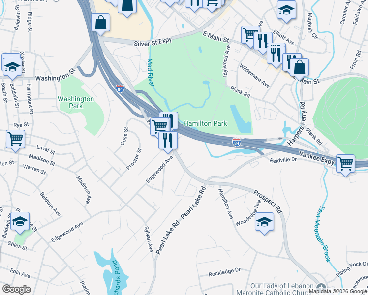 map of restaurants, bars, coffee shops, grocery stores, and more near 843 Hamilton Avenue in Waterbury