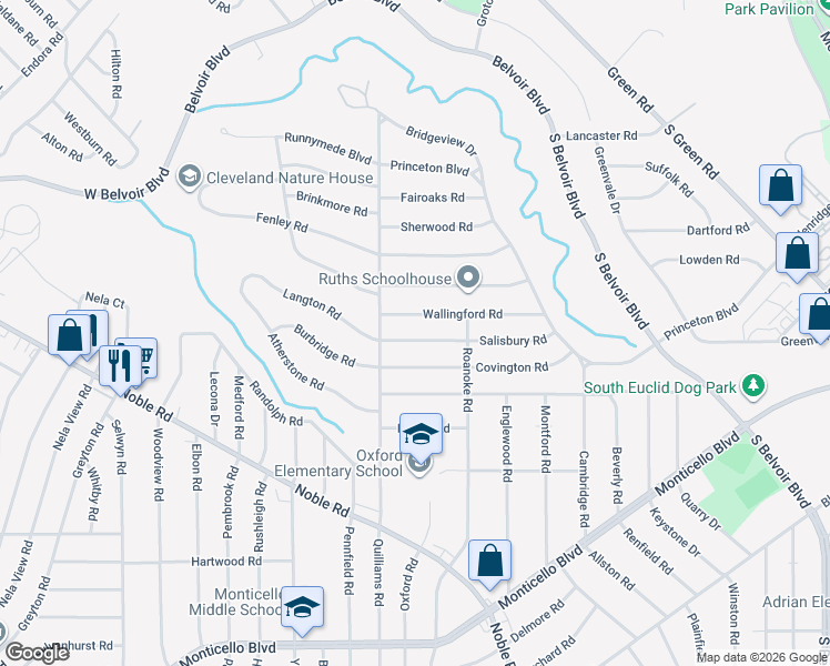 map of restaurants, bars, coffee shops, grocery stores, and more near 3782 Wallingford Road in South Euclid