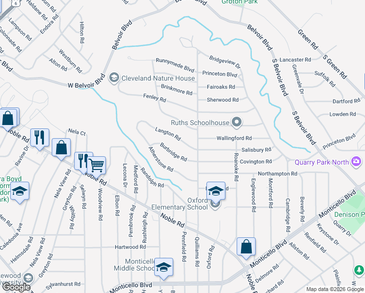 map of restaurants, bars, coffee shops, grocery stores, and more near 3703 Langton Road in Cleveland Heights