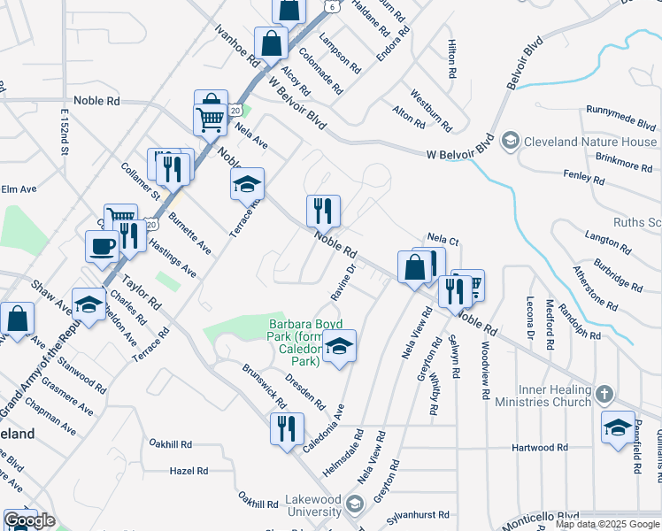 map of restaurants, bars, coffee shops, grocery stores, and more near 16025 Neladale Road in East Cleveland