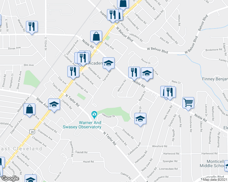 map of restaurants, bars, coffee shops, grocery stores, and more near 15985 Nelacrest Road in East Cleveland