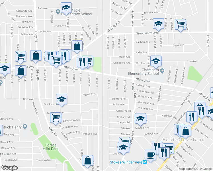 map of restaurants, bars, coffee shops, grocery stores, and more near 1432 East 133rd Street in East Cleveland