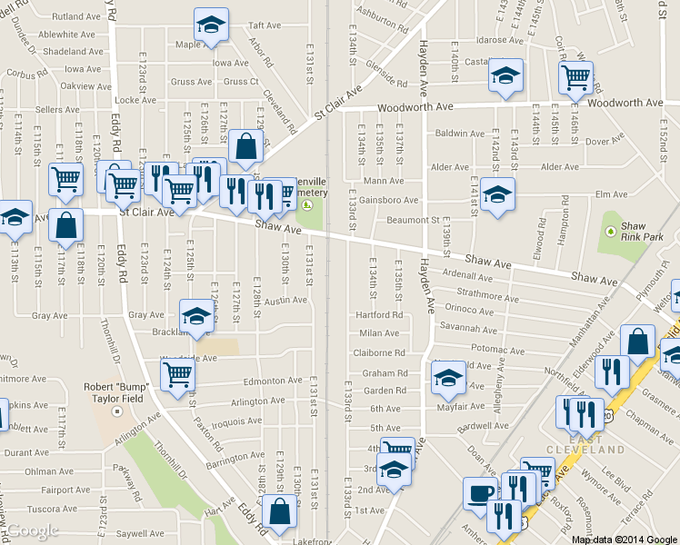 map of restaurants, bars, coffee shops, grocery stores, and more near 1432 East 133rd Street in East Cleveland