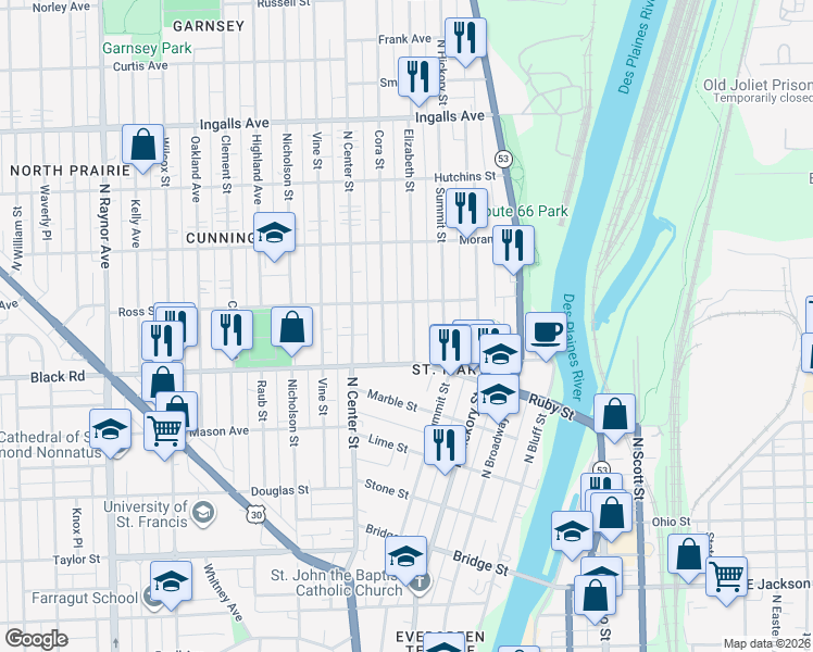 map of restaurants, bars, coffee shops, grocery stores, and more near 822 Elizabeth Street in Joliet