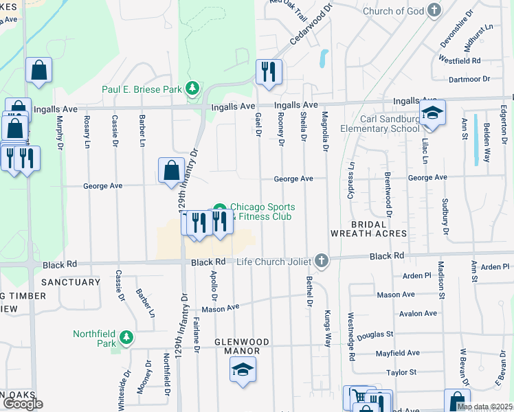 map of restaurants, bars, coffee shops, grocery stores, and more near 918 Gael Drive in Joliet