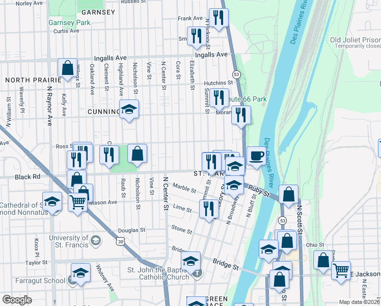 map of restaurants, bars, coffee shops, grocery stores, and more near 822 Elizabeth Street in Joliet