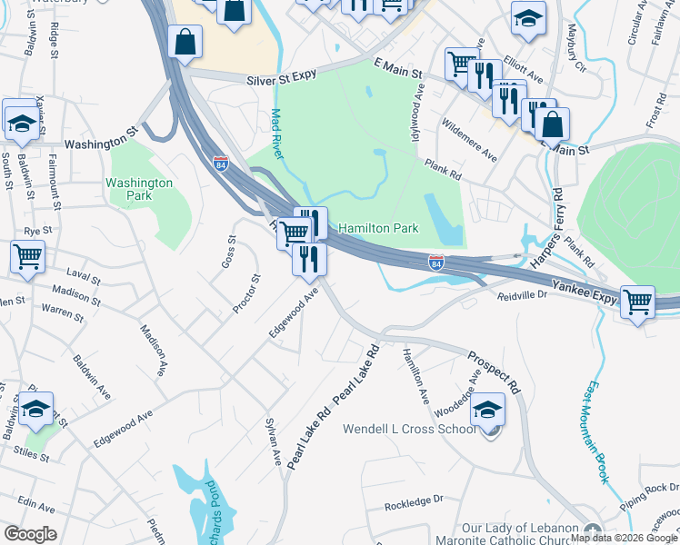 map of restaurants, bars, coffee shops, grocery stores, and more near 843 Hamilton Avenue in Waterbury