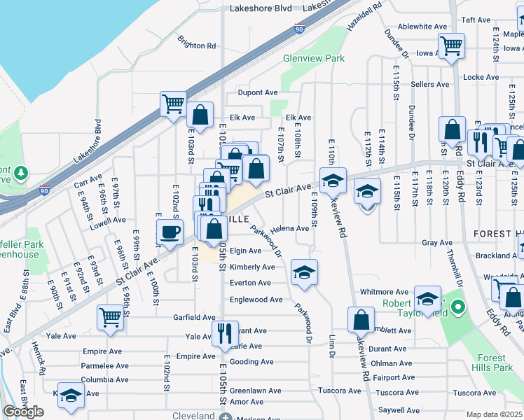 map of restaurants, bars, coffee shops, grocery stores, and more near 10600 Saint Clair Avenue in Cleveland
