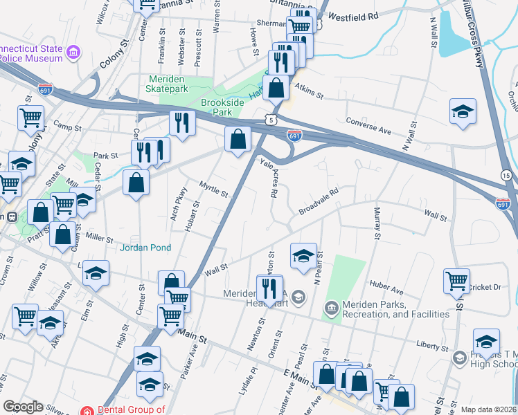 map of restaurants, bars, coffee shops, grocery stores, and more near 50 Broadview Terrace in Meriden