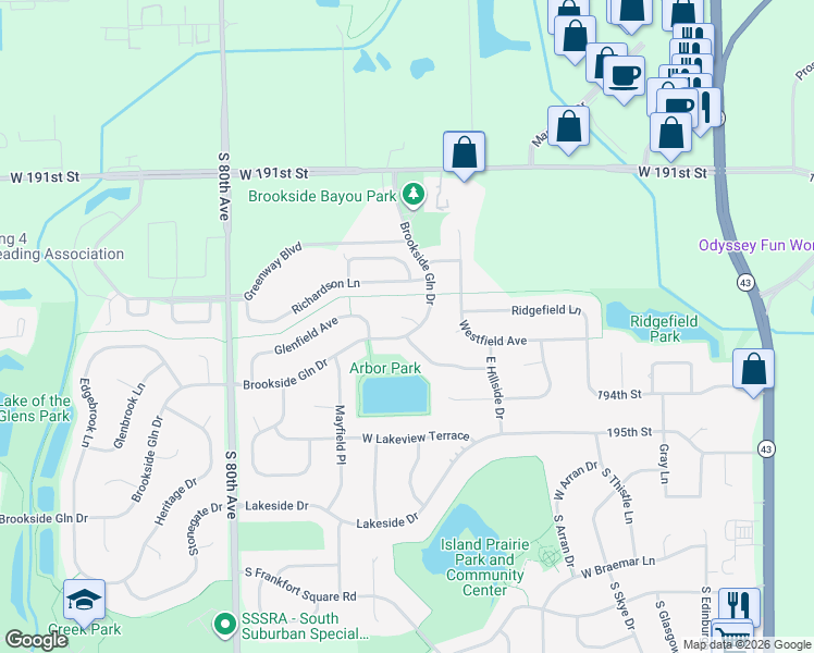 map of restaurants, bars, coffee shops, grocery stores, and more near 19327 Fane Court in Tinley Park