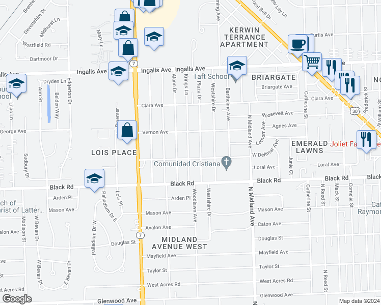 map of restaurants, bars, coffee shops, grocery stores, and more near 902 Krings Lane in Joliet