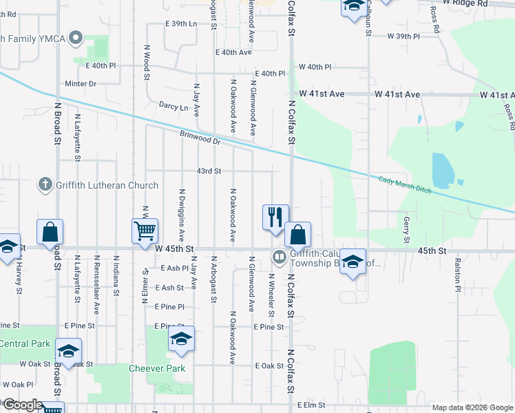 map of restaurants, bars, coffee shops, grocery stores, and more near 1014 N Glenwood Ave in Griffith