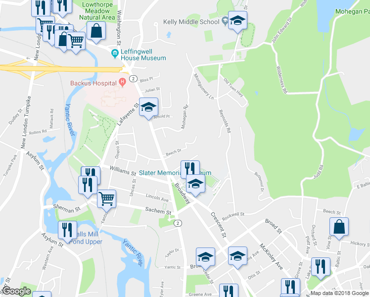 map of restaurants, bars, coffee shops, grocery stores, and more near 59 Beech Drive in Norwich