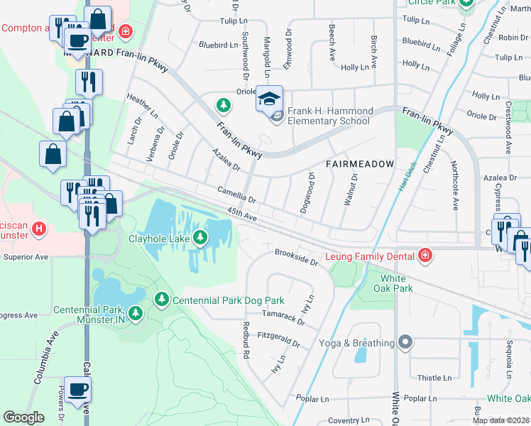 map of restaurants, bars, coffee shops, grocery stores, and more near 1230 Camellia Drive in Munster