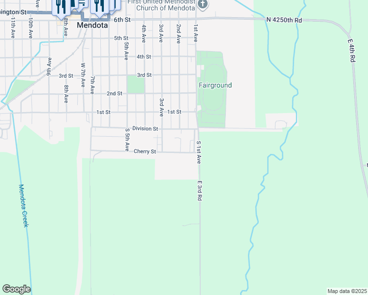 map of restaurants, bars, coffee shops, grocery stores, and more near 202 Cherry Street in Mendota