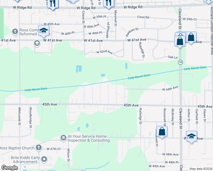 map of restaurants, bars, coffee shops, grocery stores, and more near 4368 Marshall Place in Gary