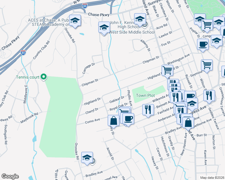 map of restaurants, bars, coffee shops, grocery stores, and more near 298 Highland Drive in Waterbury