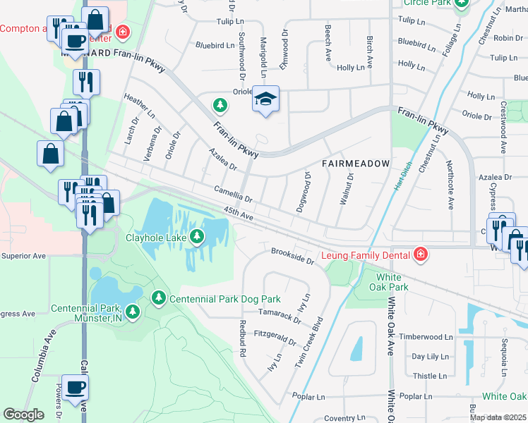 map of restaurants, bars, coffee shops, grocery stores, and more near 1230 Camellia Drive in Munster