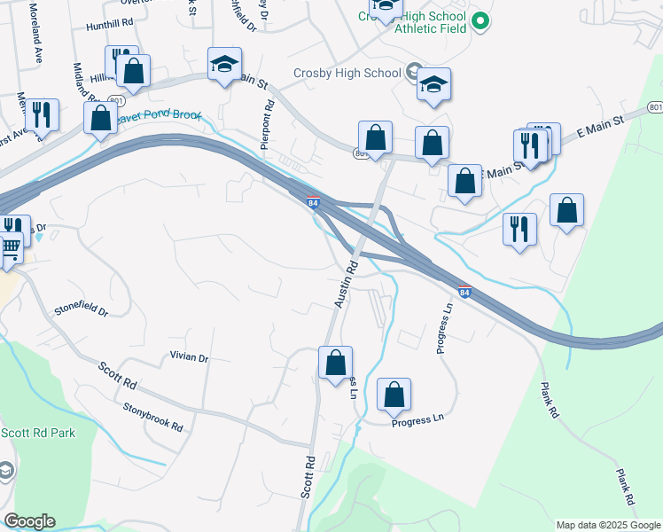 map of restaurants, bars, coffee shops, grocery stores, and more near 7 Mattatuck Heights Road in Waterbury