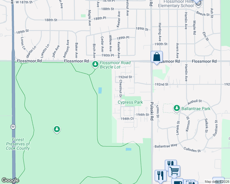 map of restaurants, bars, coffee shops, grocery stores, and more near 4177 192nd Court in Country Club Hills