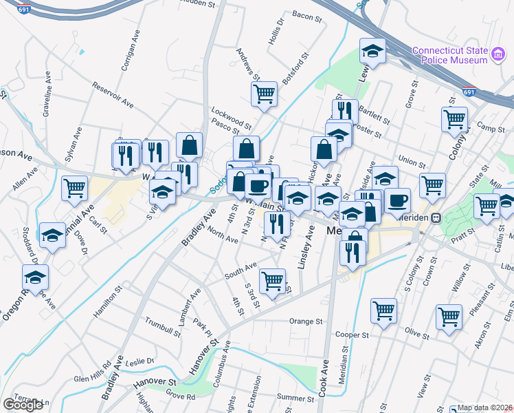 map of restaurants, bars, coffee shops, grocery stores, and more near 288 West Main Street in Meriden