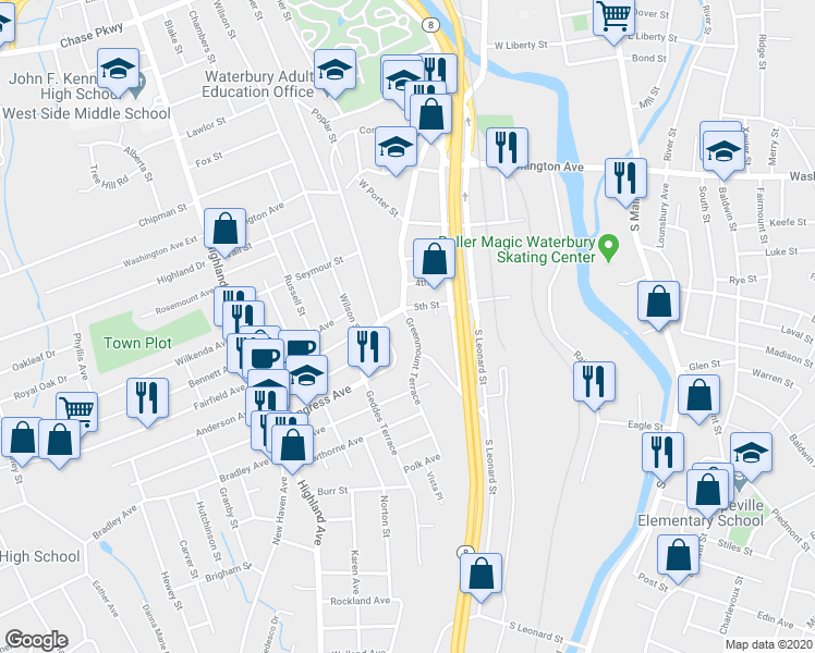 map of restaurants, bars, coffee shops, grocery stores, and more near in Waterbury