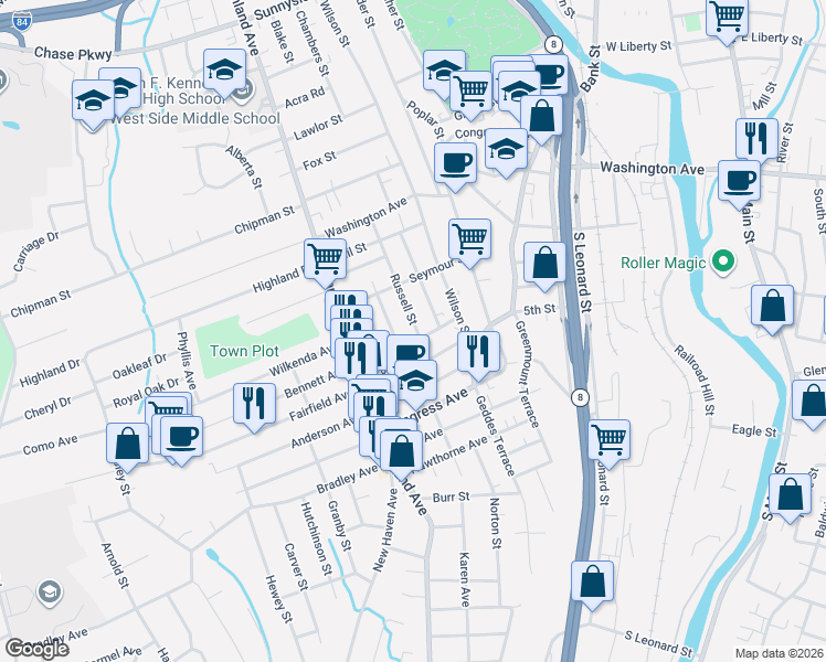 map of restaurants, bars, coffee shops, grocery stores, and more near 64 Norman Street in Waterbury
