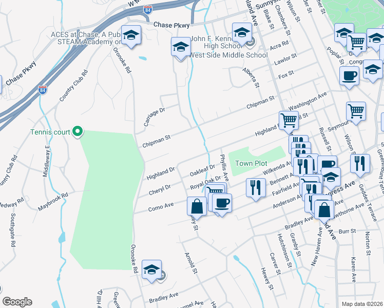 map of restaurants, bars, coffee shops, grocery stores, and more near 298 Highland Drive in Waterbury