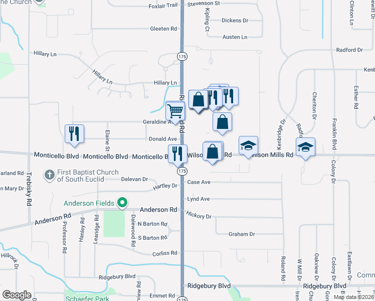 map of restaurants, bars, coffee shops, grocery stores, and more near 775 Richmond Road in Richmond Heights