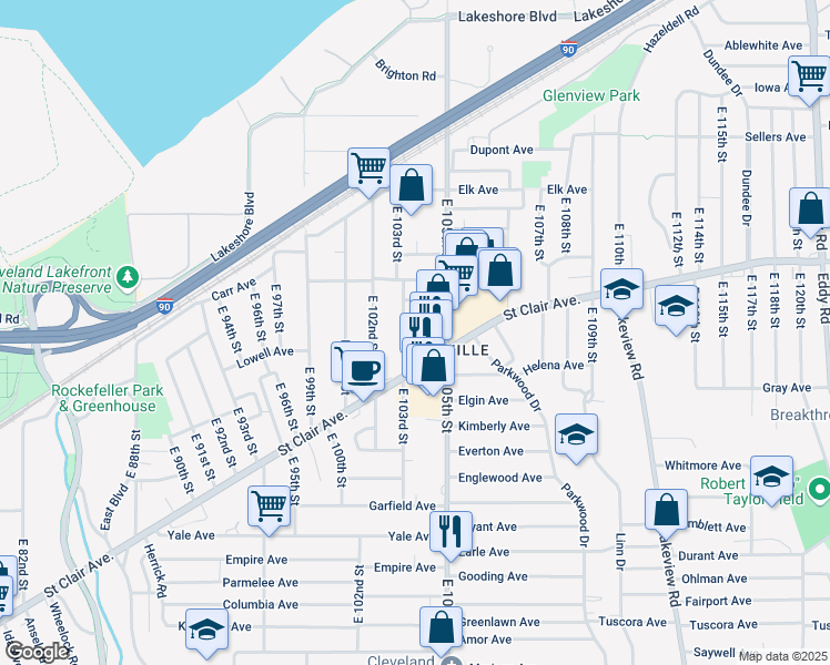 map of restaurants, bars, coffee shops, grocery stores, and more near 661 East 103rd Street in Cleveland
