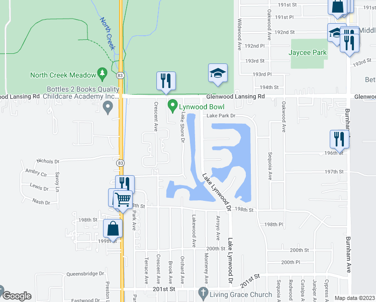 map of restaurants, bars, coffee shops, grocery stores, and more near 19550 Lake Shore Drive in Lynwood