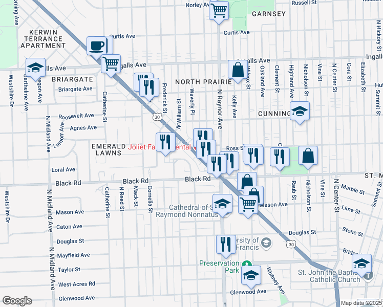 map of restaurants, bars, coffee shops, grocery stores, and more near 832 Plainfield Rd in Joliet