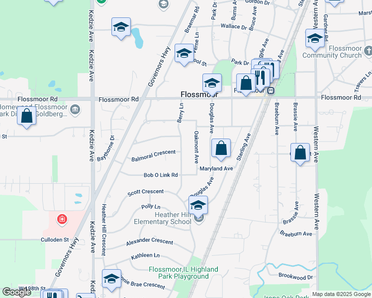 map of restaurants, bars, coffee shops, grocery stores, and more near 1238 Oakmont Avenue in Flossmoor