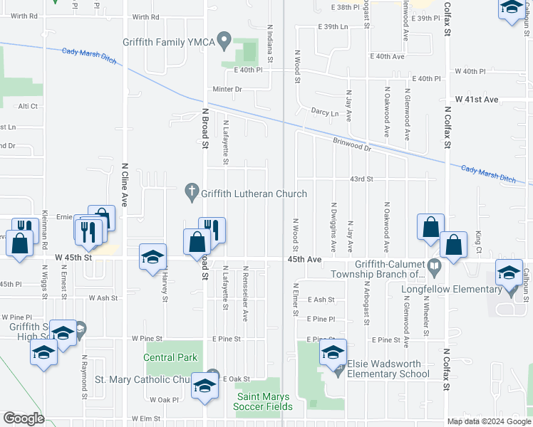 map of restaurants, bars, coffee shops, grocery stores, and more near 1009 North Indiana Street in Griffith