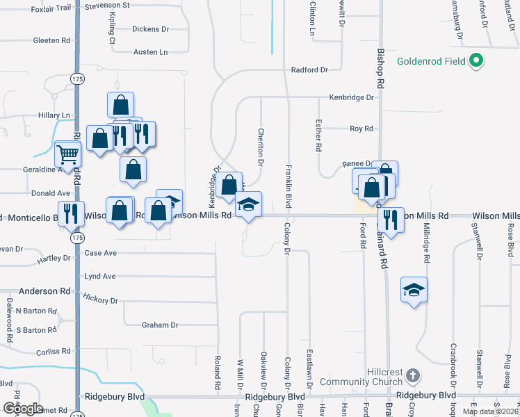 map of restaurants, bars, coffee shops, grocery stores, and more near 5375 Wilson Mills Road in Highland Heights