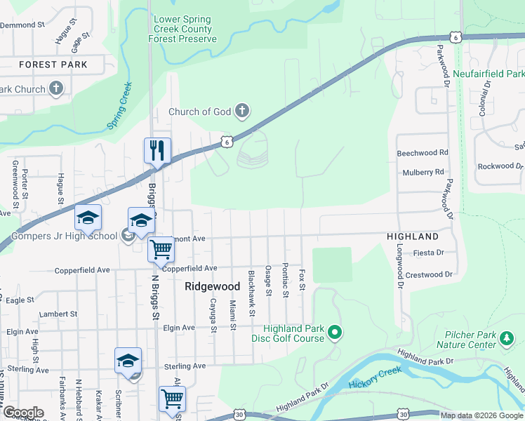 map of restaurants, bars, coffee shops, grocery stores, and more near 717 Osage Street in Joliet