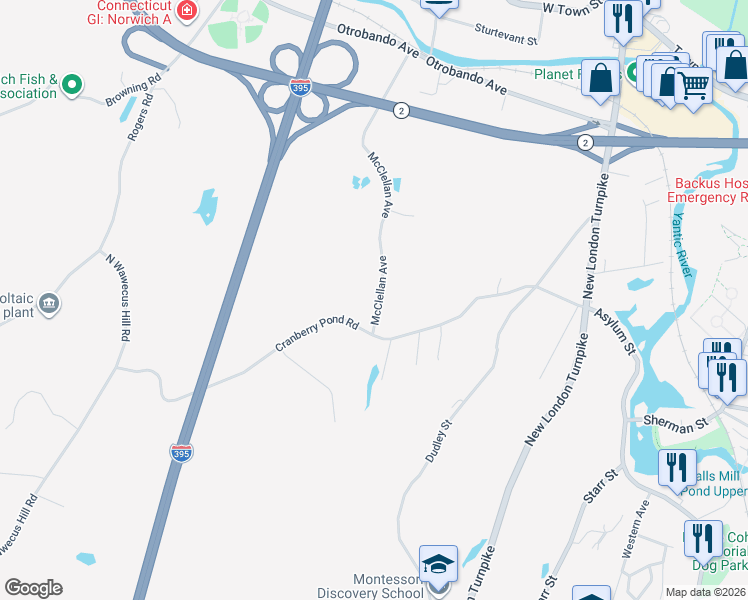 map of restaurants, bars, coffee shops, grocery stores, and more near 93 McClellan Avenue in Norwich