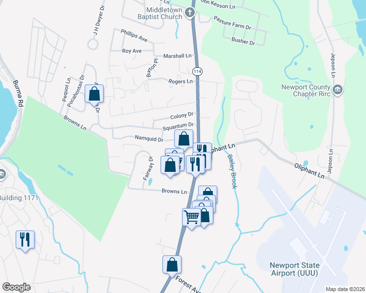 map of restaurants, bars, coffee shops, grocery stores, and more near 6 Namquid Drive in Middletown